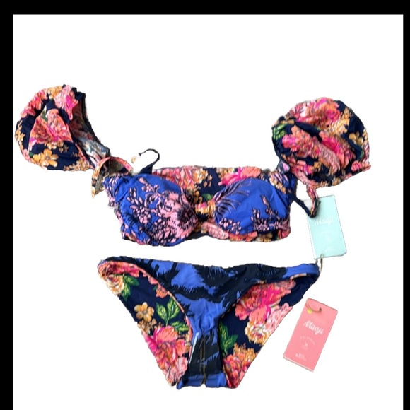 Maaji reversible Puff Sleeve top Bikini blue floral medium - Picture 2 of 4